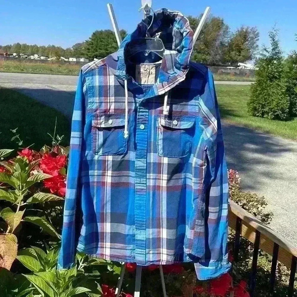 Hollister mens large button up jacket with hood with 2 pockets and drawstring - Picture 1 of 9
